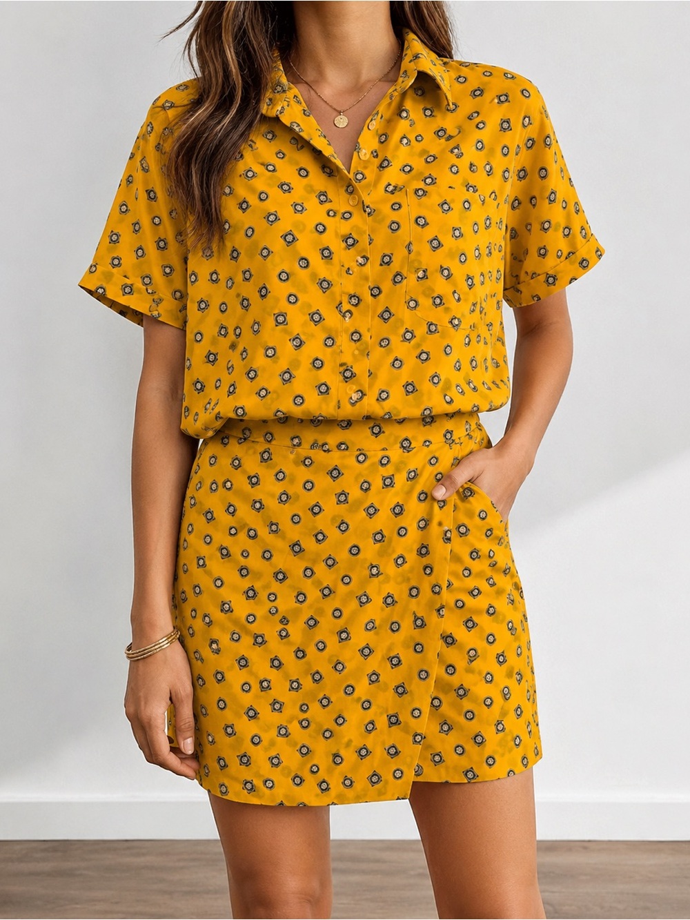 Vintage Jones New York 100% Silk 2-Piece Skirt Set Yellow Print Size